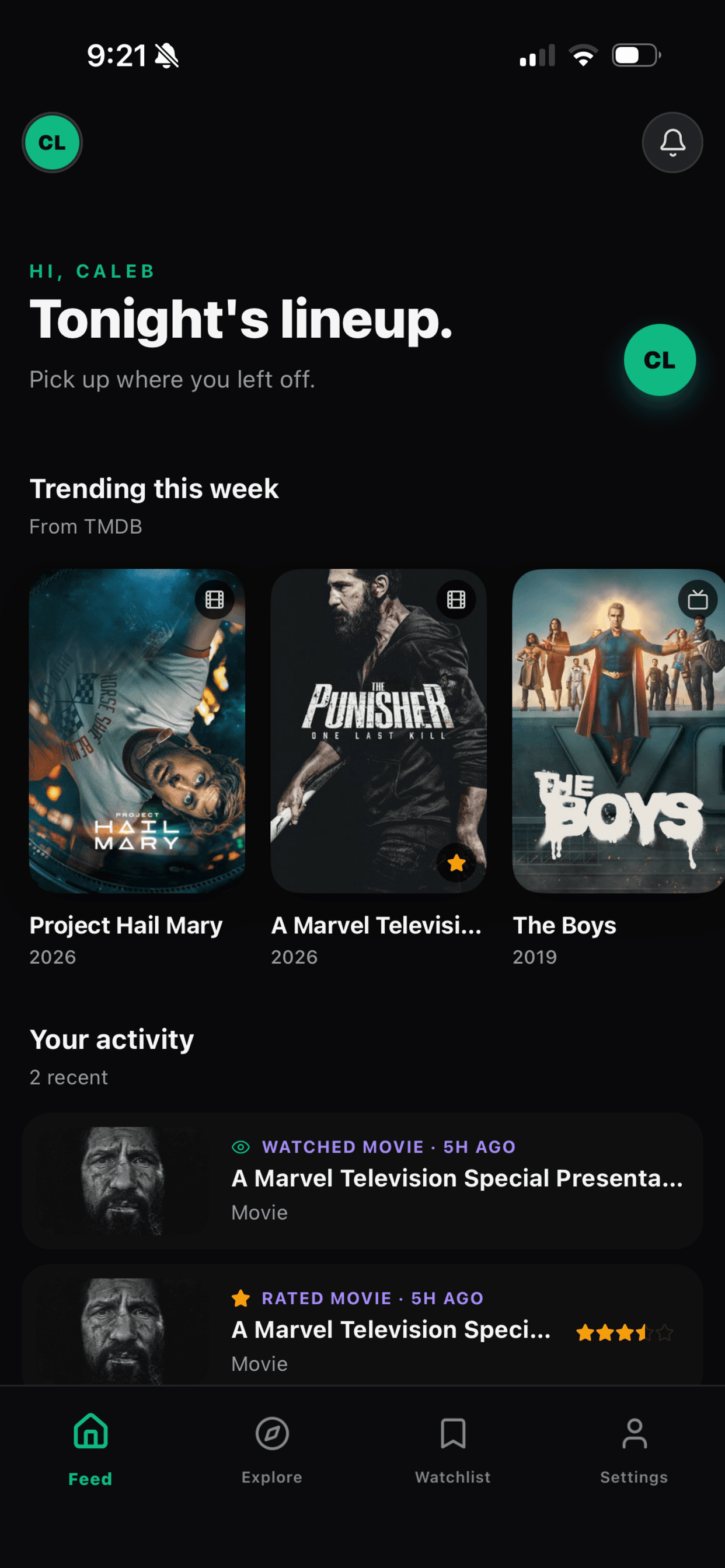 CineIt feed showing trending shows